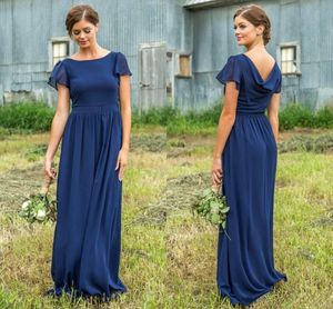 Jewel Neck A-line Bridesmaid Dress Short Sleeves Pleated Floor Length Chiffon Wedding Guest Gown