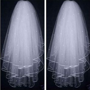 White Ivory Wedding Veils Three-layers Tulle Ribbon Pearls Beads With Comb Velos De Novia Bridal Hair Accessories 233E