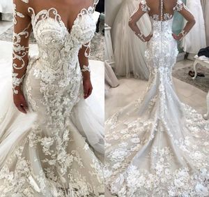 Elegant Mermaid Wedding Dresses Jewel Poet Long Sleeve Covered Button Applique Lace Bridal Dresses Court Train Abiti Da Sposa