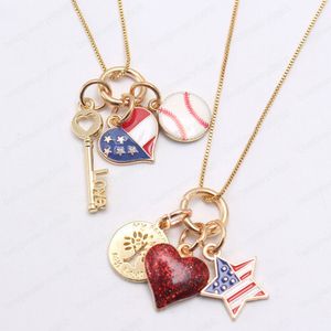Forth July Kids Girls Charming Pendant Long Chain Necklace Cute Heart Star Baseball Pendant Necklace Child Jewelry