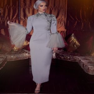 Muslim Full Sleeves Mor till brudklänningarna O-Hals Appliques Sequins Sheath Prom Dress Ankel Längd Aftonklänningar Billiga