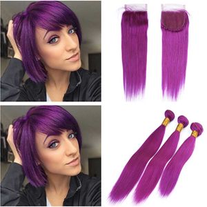 Ren lila peruanska mänskliga hårbuntar med topplåsning Straight Purple Colored Virgin Hair Weaves med 4x4 Lace Closure Piece 4pcs Lot