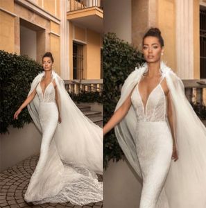 Elihav Sasson 2019 Mermaid Wedding Dresses With Feathers Cape Spaghetti Lace Bridal Gowns vestido de novia Princess Wedding Gowns Cheap