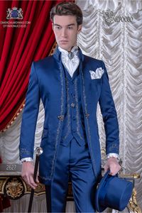 Long Groom Tuxedos Embroidery Groomsmen Mens Wedding Dress Blue Man Jacket Blazer Fashion Prom/Dinner 3 Piece Suit(Jacket+Pants+Vest+Tie)297