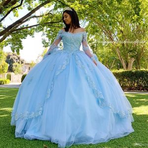 Небесно-голубое кружева Quinceanera выпускные платья V-образным вырезом с длинными рукавами Бальное платье Tulle вечерняя вечеринка сладкое 16 платье