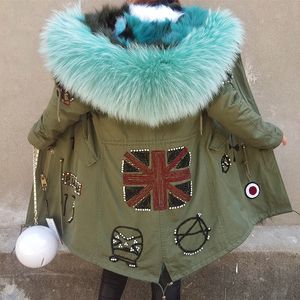 Cold resistant women coats Maomaokong brand green fox fur trim green white fox fur lining army green canvas long parkas UK flag beading