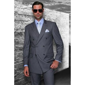 Classic Style Double Breasted Grey Groom Tuxedos Peak Lapel Mężczyźni Garnitury Ślub / Prom / Kolacja Best Man Blazer (Kurtka + Spodnie + Krawat) W282