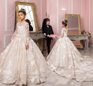 Abiti da ragazza di fiore eleganti in pizzo pieno Collo trasparente Applicazioni a maniche lunghe Sweep Train Abiti da sposa da sposa Abito da festa formale Realizzato su misura