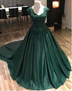 Dark Green Ball Gown Colorful Wedding Dresses With Cap Sleeves V Neck Lace Appliques Satin Non White Vintage Bridal Gowns With Color