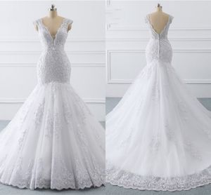 Lindo lace sereia sereia vestidos de casamento 2019 pérolas frisadas lantejoulas applique profundo v-pescoço v backless ruched longo berta vestido nupcial plus size