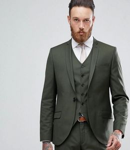 Olive Green Groom Tuxedos Notch Lapel Groomsmen Mens Bröllopsklänning Populära Man Jacka Blazer 3 Piece Suit (Jacka + Byxor + Vest + Tie) 1034