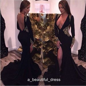 Elegant Black Dubai Abaya Long Sleeves Evening Gowns Plunging V neck Dresses Evening Wear Prom Party Dresses ED1295