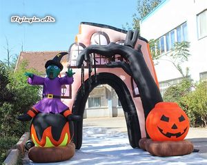 Maßgeschneiderter dekorativer aufblasbarer Halloween-Kürbisbogen, 4 m x 3,5 m, aufblasbarer Geister-Torbogen mit Hexen-Zombie für die Dekoration des Außeneingangs