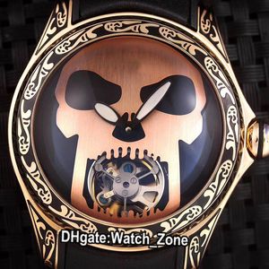 New Bubble 45mm Rose Gold Retro Carved Case Skull Totem Dial Tourbillon Automatyczny Zegarek Mężczyzna Fisheye Szkło Czarne Gumowe Zegarki Watch_Zone