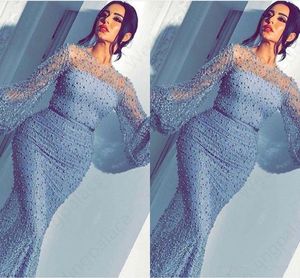 2019 Arapça Mermaid Gelinlik Modelleri Buz Mavi Sheer Boyun Uzun Kollu Sweep Tren Boncuk Örgün Abiye Orta Doğu Vestidos De Noche