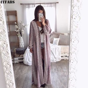 Fashion Primavera Donne lunghe Maxi cardigan Punto aperto Snake Skin Stampa Chiffon Allentato Casual OverCeat Boho Slim Giacche manica lunga