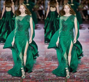 New Zuhair Murad Collection Dark Green Dresses Long Sleeve Jewel Neck Chiffon Sweep Train Formal Prom Dress Party Gowns Ogstuff