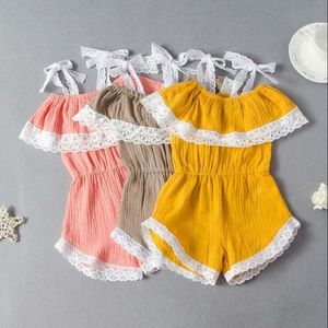 Baby Rompers Girls Lace Suspender Jumpsuits Summer Lotus Leaf Collar Cotton Linen Onesies Outfits Children Off Shoulder Bodysuits AYP617