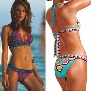 2 adet Yüzmek Set Seksi kadın Etnik Stil Baskı Bandaj Kemer Bikini Şınav Yastıklı Sütyen Mayo Mayo Mayo Beachwear