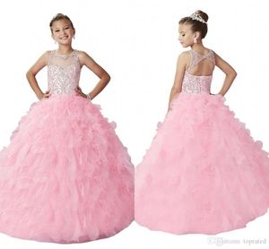 New Arrival Long Pink Girls Pageant Dresses Open Back Illusion Neck Sparkly Beading Ruffles Corset Wedding Flower Girl Dresses Cheap