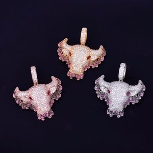 Animal Pink Drip Cow Necklaces & Pendant 4mm Tennis Chain Gold Silver Color Bling Cubic Zircon Men's Hip hop Necklace Jewelry