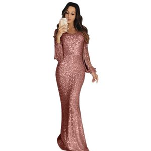 Women Sexy Party Dresses Sequined Bodycon Maxi Dress O Neck Long Lantern Sleeved Tassel Party Club Slim Sheath Long Dress