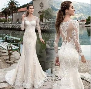 Kollu Uzun Deniz Kızı Elbiseleri Robe De Mariage Dantel Apliked Gelin Gowns Sheer Crew Boyun Vintage Country gelinlik