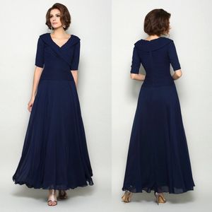 Plus Size Dark Blue Mother Of The Bride Dresses V Neck Full Length Half Sleeve Wedding Guest Dresses A Line Cheap Evening Gowns