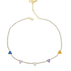 Lato Piękny Mini Emalia Heart Choker Naszyjnik Ice Out Chain Niebieski Różowy Biały Purpurowy Żółty 5 Kolor Kobiet Biżuteria W Złotym Prezentach