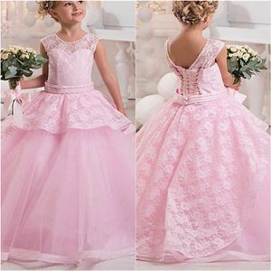 moda rosa lace applique flor menina vestido sem mangas piso comprimento meninas concurso primeiro comunhão vestido de festa de casamento