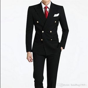 High Quality Double Breasted Black Groom Tuxedos Groomsmen Peak Lapel Best Man Blazer Mens Wedding Suits (Jacket+Pants+Tie) D:31