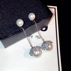 Ny ins modedesigner Sparkling Diamond Zircon Long Drop Pearl Chandelier Dingle Stud Earring for Women Girls