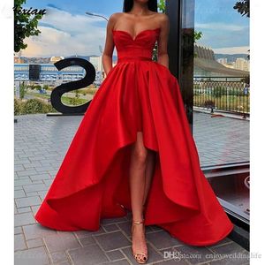 New Arrival Cheap Red Sweetheart Hi-lo A Line Prom Dresses with Pockets Satin Pleats Plus Size Formal Dress Evening Party Gowns