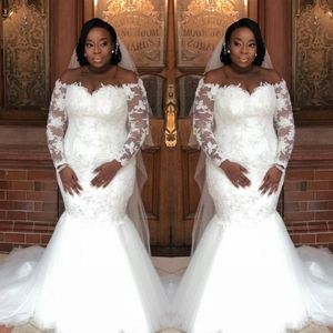 Plus Size Mermaid Wedding Dresses Off The Shoulder Lace Sheer Long Sleeves Bridal Gowns Tulle Floor Length South African Wedding Vestidos
