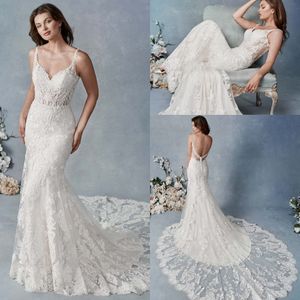 Luksusowa Mermaid Kenneth Winston Suknie Ślubne Spaghetti Bez Rękawów Tulle Lace Aplikacja Ruched Wedding Gown Sweep Sweet Robe de Mariée