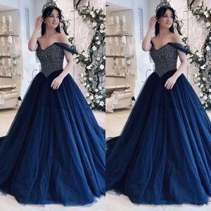 Blue Quinceanera Navy Dresses Beaded Bodice Off the Shoulder Floor Length Tulle Custom Made Sweet Birthday Party Prom Ball Gown