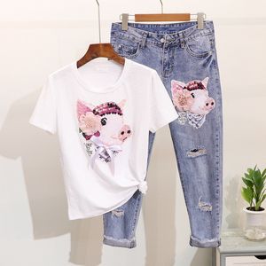 2019 Summer Women Beading Cartoon Pig T Shirts Jeans Suits Casual Short Sleeve Sequins Tshirt + Calf-Length Hole Denim Pants Set