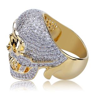 Gold Plated Iced Out Zirconia Halloween Unique Skull Hip Hop Punk Bling Rings Full Diamond Jewelry Gifts for Men 27cm Comfort Fit Wholesale