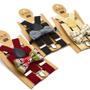 Fashion Children Boys party suspender girls smooth buckle elastic suspender kids Y-shape adjustable belts+plaid Bows tie 2pcs sets Y2586