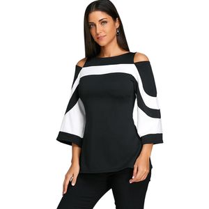 Wipalo Damen Casual Fashion Flare Ärmel Kalte Schulter Zweifarbige Frühlingsbluse U-Boot-Ausschnitt Dreiviertelbluse Shirt Damen Tops Y19062501