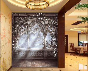 3D壁紙壁画繊細な白い花ヨーロッパの石の模様のアーチ屋内ポーチの背景壁の装飾壁画壁紙