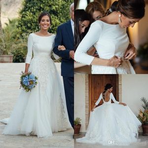 A Elegant White Line Dresses With Detachable Overskirts Scoop Neck 3/4 Long Sleeves Beach Wedding Dress Backless Robe De Marie