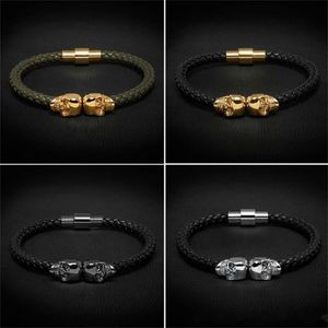 Męskie Czarne Prawdziwej Skóry Braided Bransoletka Mężczyźni Ze Stali Nierdzewnej Dla Kobiet Gold North Skull Bangle Dla Kobiet Mężczyzn Bransoletki