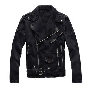 Unieke heren ontwerper zwarte denim jassen gescheurd meer rits mode slim fit streetwear motorfiets biker epaulet jeans jas jas 425