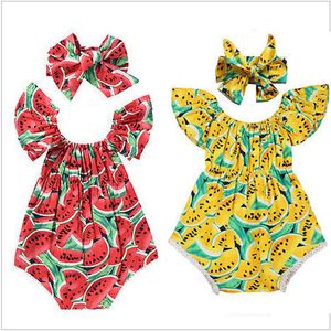 Baby Girl Летние Rompers Младенческий повседневный комбинезон + лук повязки 2 шт. / Комплект Арбуз Печать Плайна для плита Одежды Летающие рукава Настройки M1780