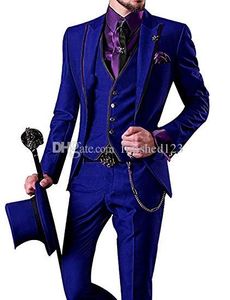 Very Good One Button Royal Blue Groom Tuxedos Peak Lapel Men Suits 3 pieces Wedding/Prom/Dinner Blazer (Jacket+Pants+Vest+Tie) W543