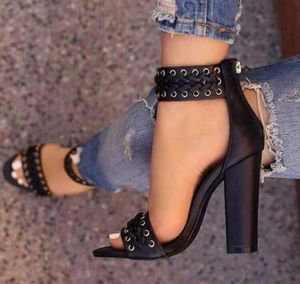 women sandals pumps ladies summer PU shoes open toe zapatos mujer punk rock chunky high heels woman ankle strap zip F180194
