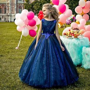 Spring 2020 Latest Design Luxury Flower Girls Dress for Weddings Crew Neck Puffy A Line Beaded Fabric Lace Appliqued Blue Girls Prom Dresses