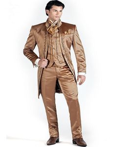 Högkvalitativ One Button Light Brown Broderi Groom Tuxedos Stand Collar Män Passar 3 stycken Bröllop Prom Blazer (Jacka + Byxor + Vest) W467