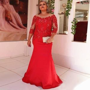 Mermaid Long Red Mother of the Bride Dresses v neck 3/4 Long Sleeves beaded Lace Wedding Party Formal Gown Evening Dress Floor Length